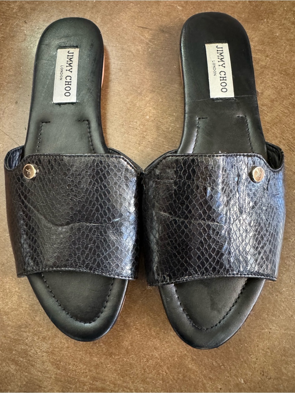Jimmy Choo Black Snake-Print Slide Mules with Gold Accent